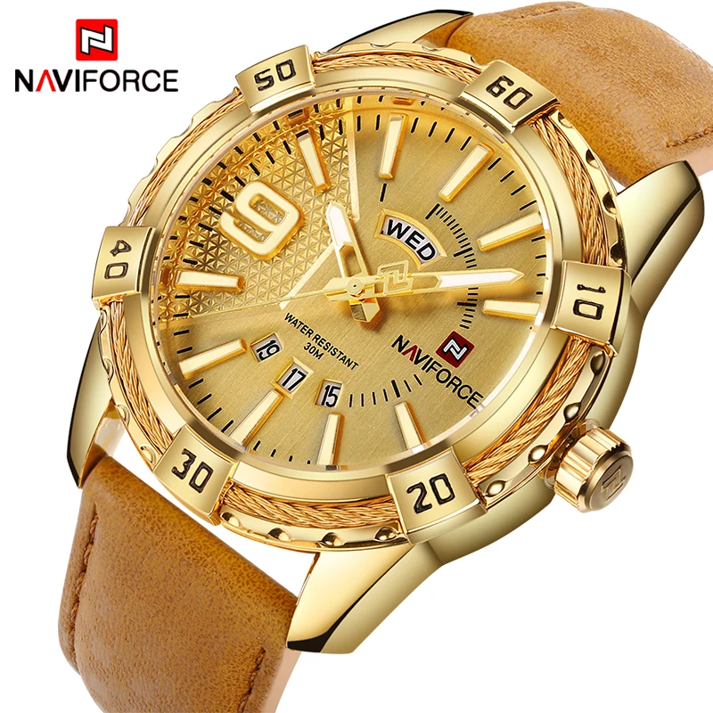 NAVIFORCE Топ люксовый бренд мужские кожаные золотые часы Мужские кварцевые