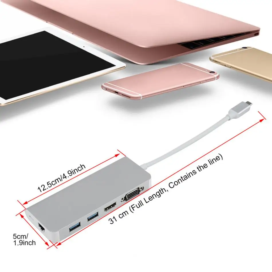 Многофункциональный USB3.0 концентратор адаптер тип-c к HDMI/VGA/RG45 Gigabit LAN/USB3.0/PD конвертер портативный USB-C концентратор для Apple MacBook