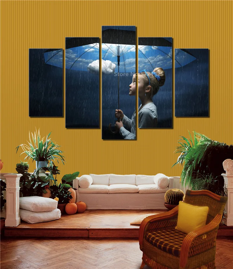 

Маленький зонт для девочки в дождливый день, холст, живопись, 5 шт., пейзаж, живопись, домашнее украшение для гостиной, без рамки