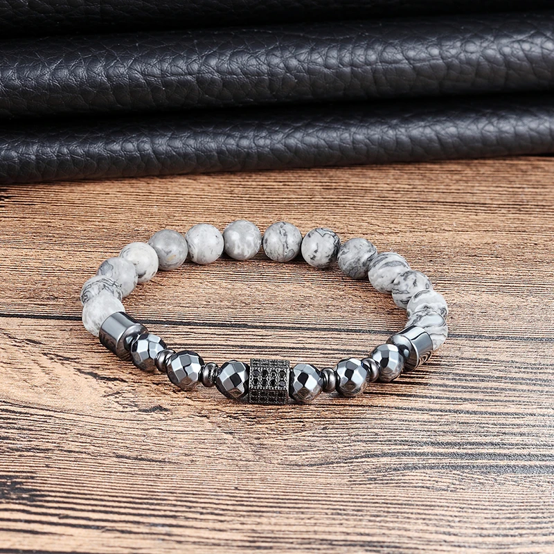 

LIVVY Natural marble bracelet hexagonal square tube cz bracelet best friend men's flexible pearl bracelet jewelry men's ladies