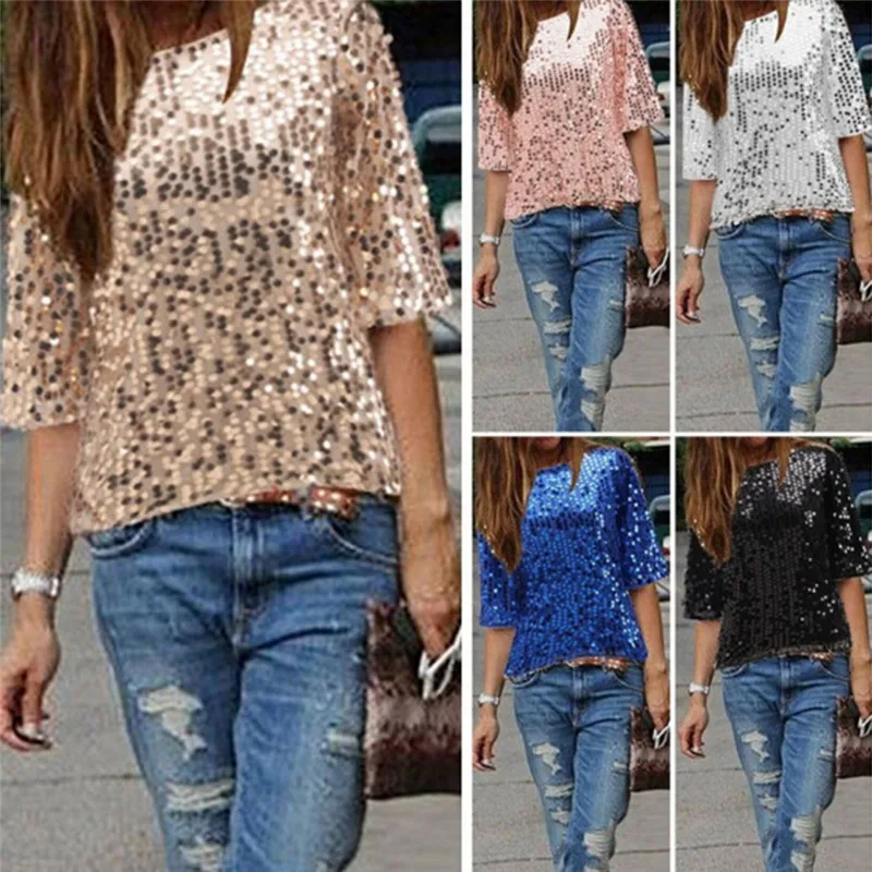 Женская блузка с блестками летняя повседневная свободная|mujer blusas|new shirtblouses tops |