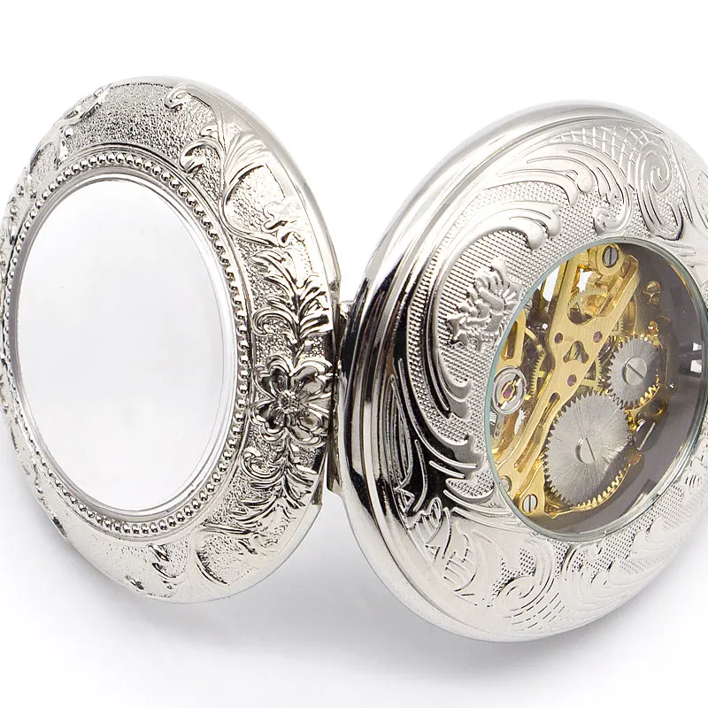 Fashion Skeleton Watches Steampunk Silver Classic Vintage Mechanical Pocket Watch Best Gift Box for Men Women PJX1369