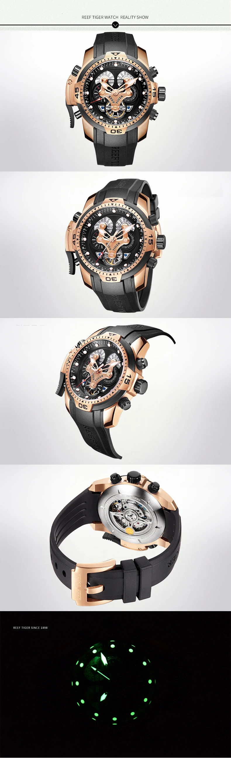 Reef Tiger Aurora Serier RGA3503 мужские спортивные военные многофункциональные автоматические механические наручные часы с циферблатом-резиновый ремешок для часов