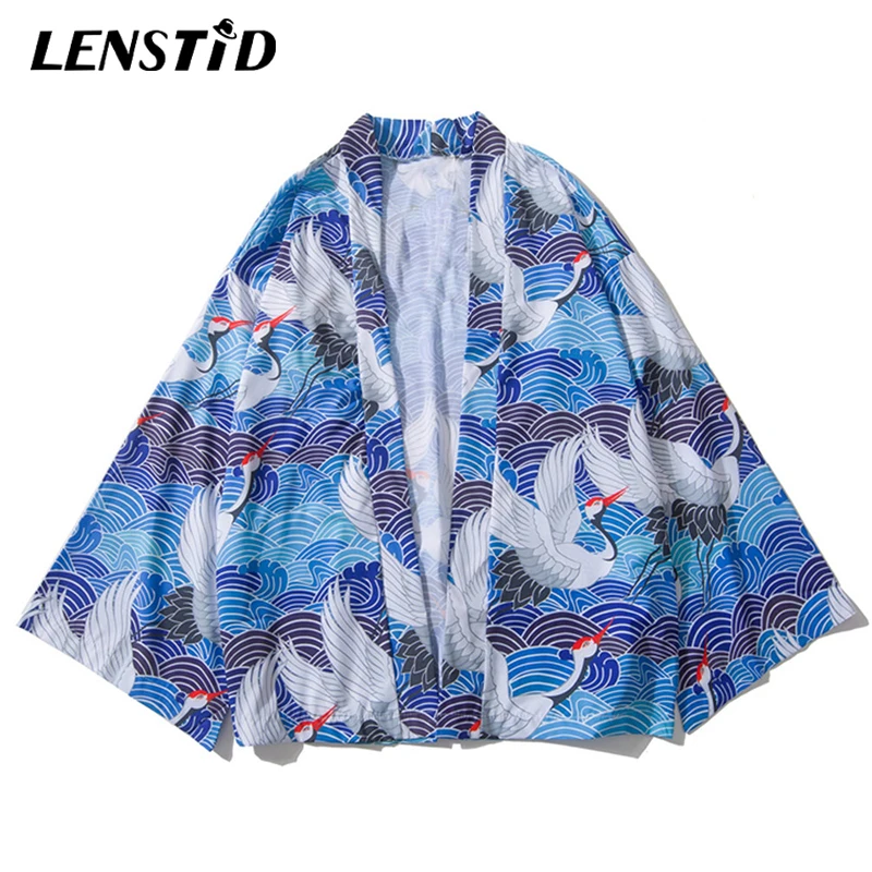 LENSTID 2019 летнее кимоно с принтом облачного Журавля японское тонкие куртки уличная