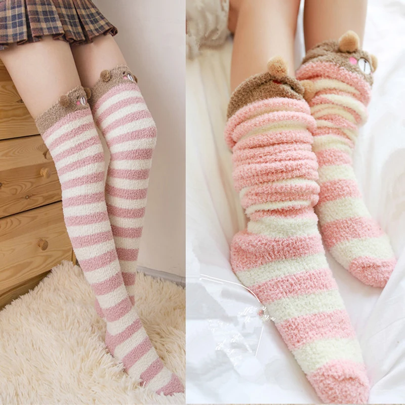 Kawaii/зимние теплые чулки с рисунком медведя, овечки, кошки; женские чулки до бедра из флиса; плотные гольфы в полоску для девочек в стиле Лолиты