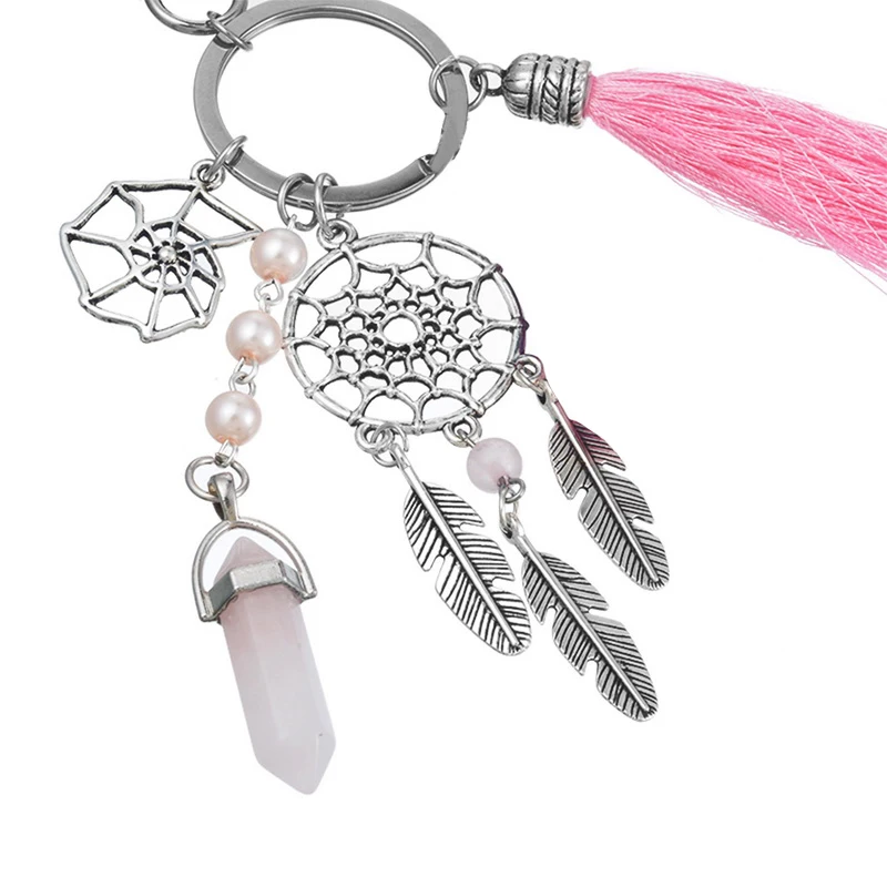 Laamei 2018 Handmade Natural Stone Keychain Dream Catcher Tassels Feather Women Silver Boho Jewelry keychain Gift | Украшения и