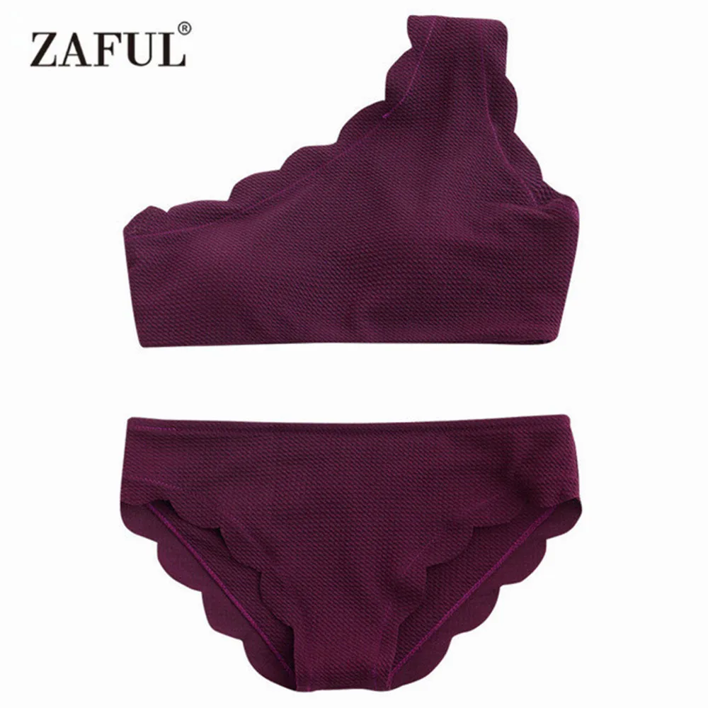 ZAFUL Новый одно плечо комплект бикини 2017 Scalloped Купальники для малышек волна края