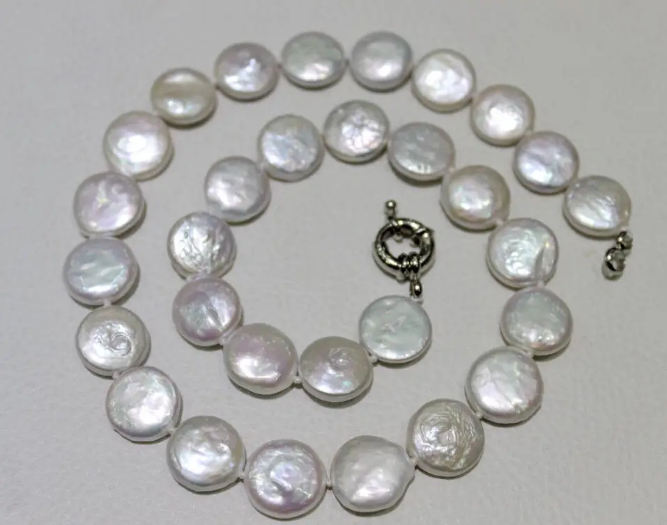 

13-14MM white Coin shape Freshwater pearl necklace 17"^^^@^Noble style Natural Fine jewe FREE SHIPPING