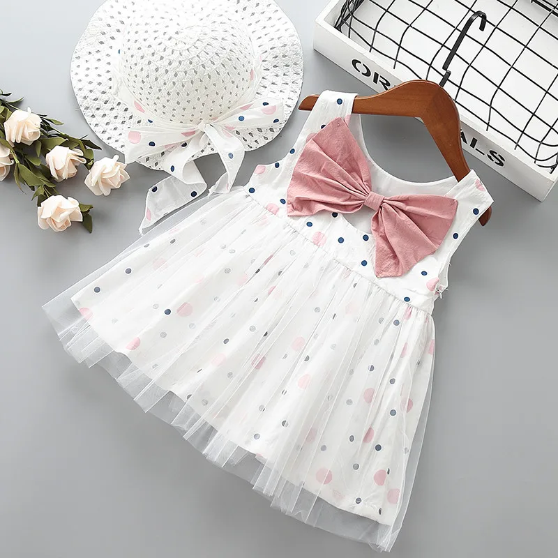 

Girl princess dot dress children Summer clothing baby girls casual bow knot mesh dresses with hat for 9M-5T kids Clothes