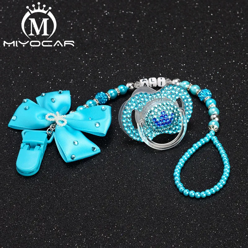 

MIYOCAR Any name can make Personalised bling blue bow pacifier clip holder dummy clip pacifier chain with bling pacifier set