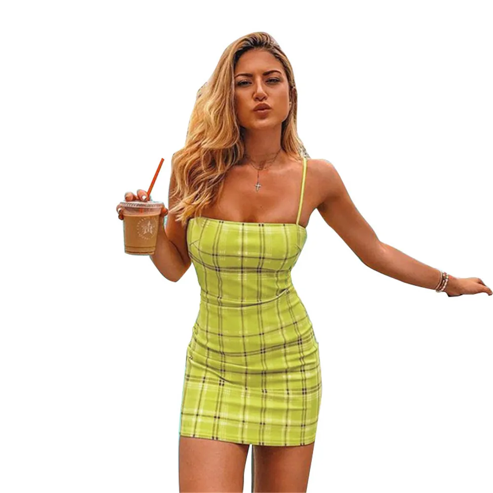 Женское облегающее платье желтое мини на тонких бретельках без рукавов|Женские