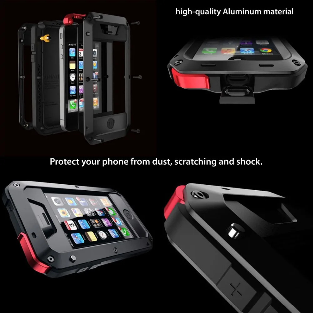 New doom armor Dirt Shock Waterproof 4proof Metal Aluminum cell phone case For iphone 4 4s 5 5c 5s SE 6 Plus With Tempered glass |