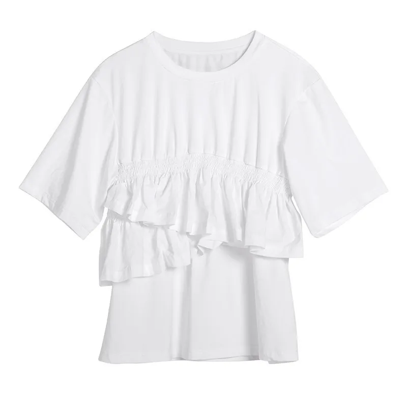 TWOTWINSTYLE, Корейская белая футболка для женщин, с круглым вырезом, с коротким рукавом, туника, с неровными оборками, топы, одежда для женщин, мода, лето
