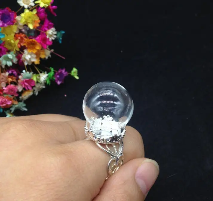 100pcss/lot 20*15mm cute Glass globe with 15mm silver flower crown ring tray set glass bottle bubble DIY vial jewelry | Украшения и