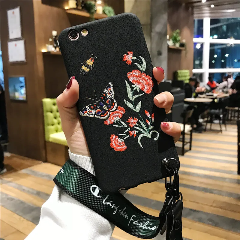 Черный мягкий чехол из ТПУ с вышивкой бабочки и пчелы для iphone8 7 6 6S PLUS X 5 SE телефона