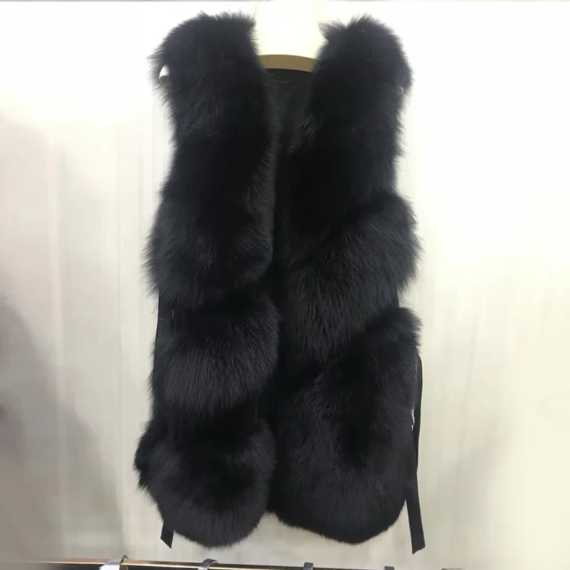 FXFURS женский жилет из натурального Лисьего меха, женский зимний Осенний жилет из натурального Лисьего меха, пальто, Модный женский жилет из натурального меха, женский жилет - Цвет: long black