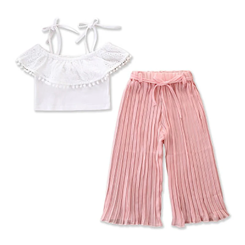 

Children Clothes Girls Clothes Sets 2019 Summer New Fashion White Sling + Wide Leg Pleated Trousers