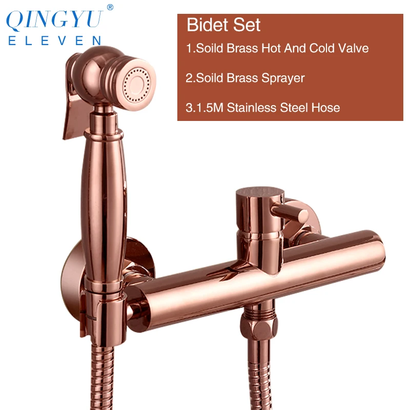 

QINGYU ELEVEN soild brass toilet bidet sprayer set Hot and cold water mixer hygienic hand rose gold bidet shower toilet set