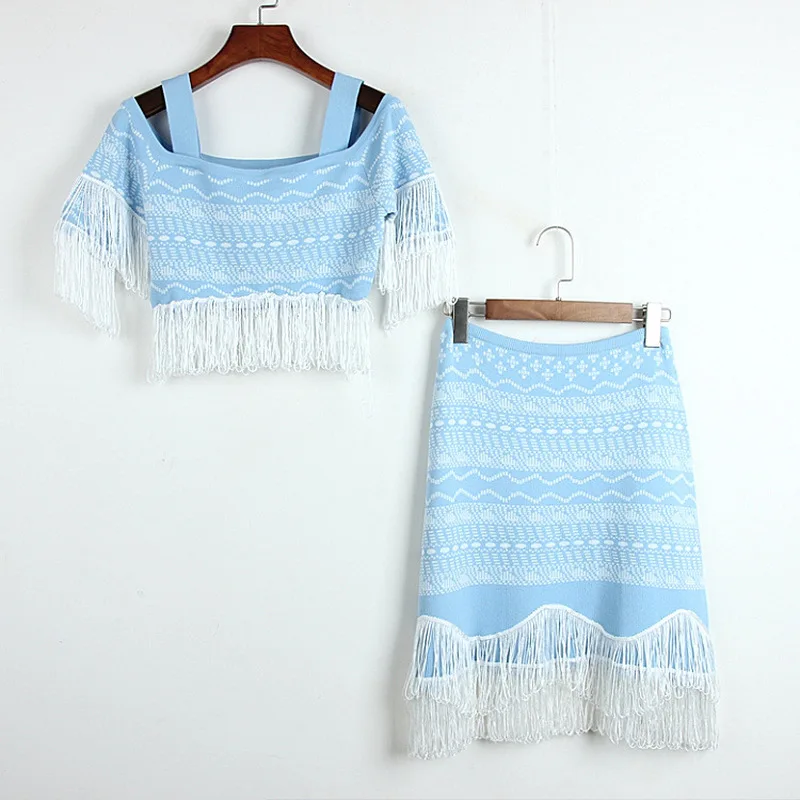 Женский комплект из топа и юбки трикотажный топ с открытыми плечами бахромой