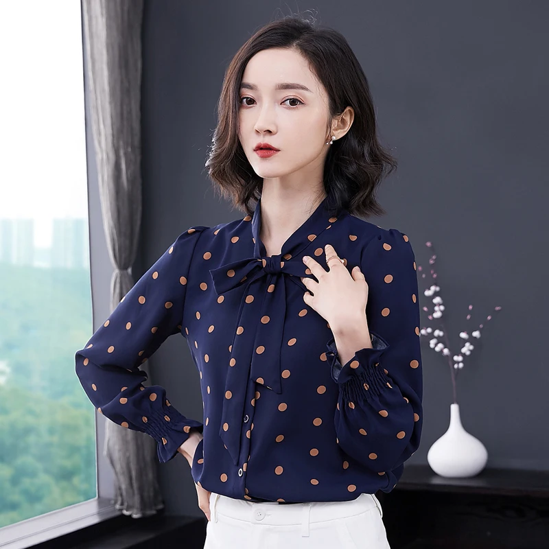 

female long sleeve new bow tie with temperament top sleeve small shirt 2019 spring blouse wave point women chiffon shirt 2915 50