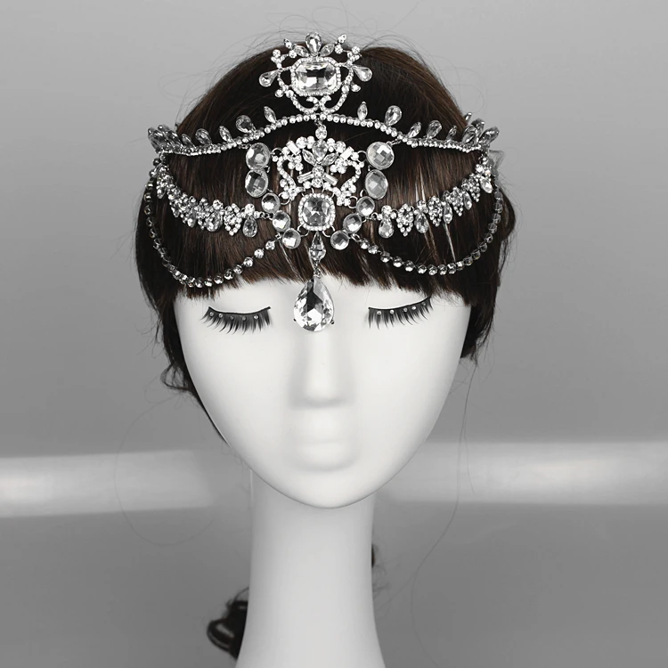 Роскошные стразы капли воды голова цепь Большая цепочка украшение на Лоб повязка невесты диадема свадебные аксессуары для волос