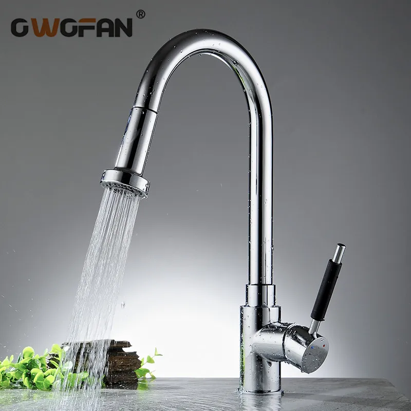 

Modern Kitchen Faucet Pull Out 360 Swivel Spout 2 Modes Water Mixer Tap Chrome Finish Deck Mounted Single Sink Faucet N22-002