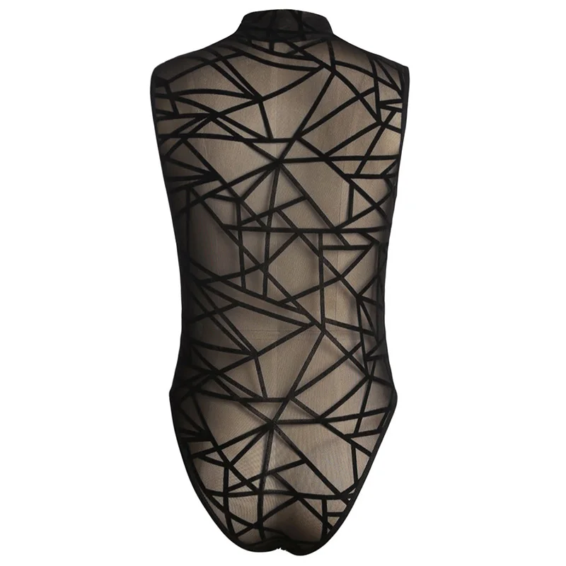 Sexy Sheer Mesh Sleeveless Bodysuit Women Mock Neck Velvet Transparent Party Club Jumpsuit Female Body Tops Tee Outfit Overalls |