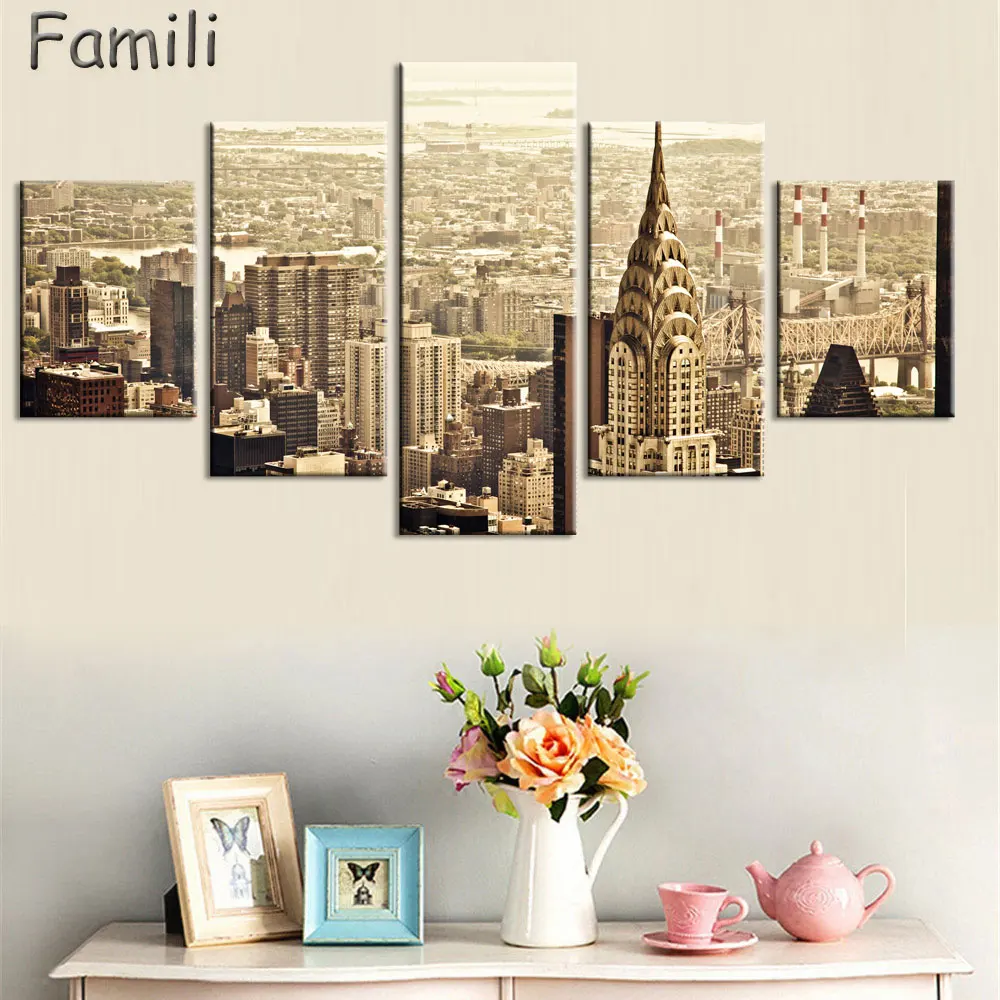 

5pcs Modular Poster Board No UnFramed Canvas Oil Painting New York Manhattan Pictures City Landscape Wall Art For Living Room