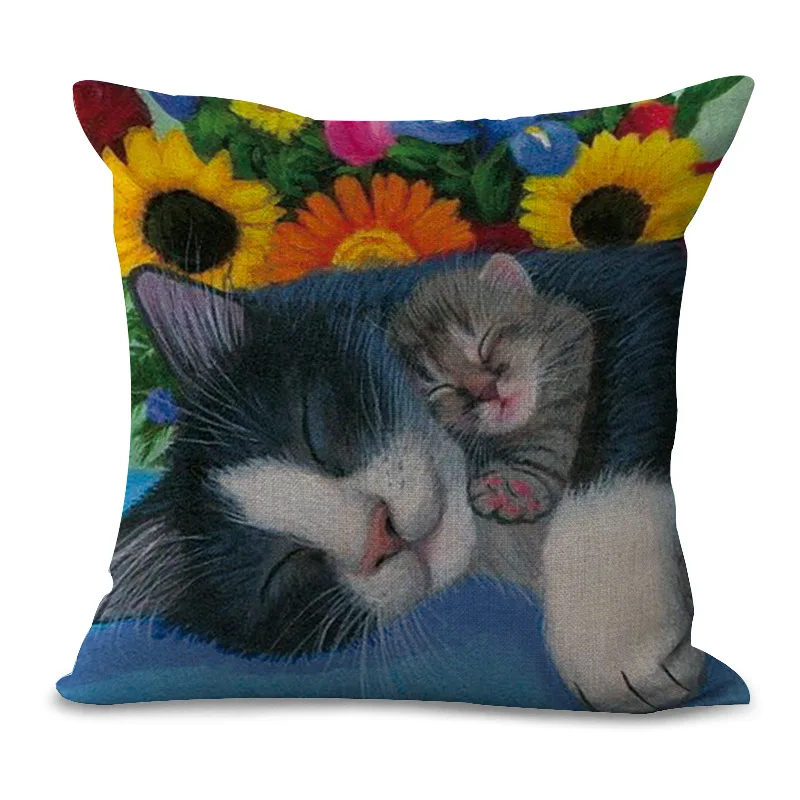 Декоративная Подушка Чехол с изображением цветов и котика живопись 17 5 дюймов