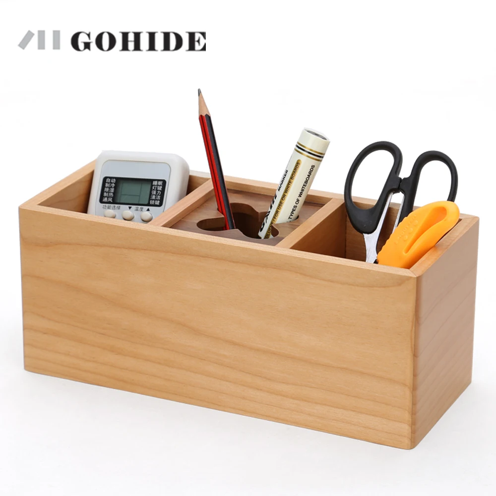 JUH Office Pen Holder Natural Wooden Box In 3-grids Desk Organizer Pencil Stand Simple Style Stationery Container | Дом и сад