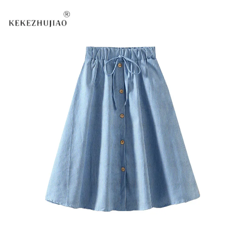 Женская джинсовая юбка миди в полоску с высокой талией и пуговицами на шнуровке