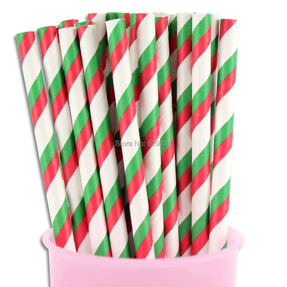 

100 шт смешанные цвета зеленые красные бумажные трубочки в полоску, дешевые рождественские декоративные товары для вечеринок, бумажные соломинки для питья