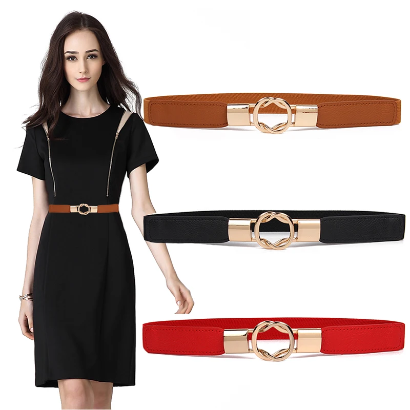 

HOT Gold Ring Alloy Buckle Cummerbunds Thin Elastic Belt Women party Waistband For Dress Shorts Jeans Skirt simple Cummerbund