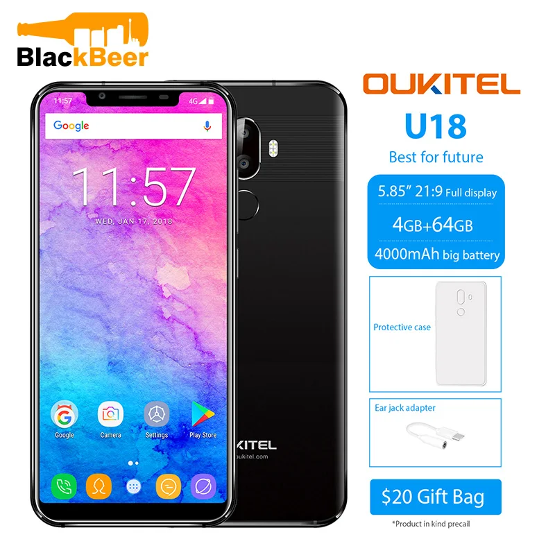 Oukitel U18 5 85 дюймов 21:9 полный экран Face ID смартфон 4 ГБ + 64 4000 мАч батареи MT6750T Octa core Android