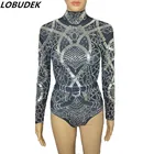 Блестящие Серебристые черные боди со стразами женский эластичный купальник для танцев с длинными рукавами сексуальный костюм для ночного клуба, бара, DJ джазовая сцена
