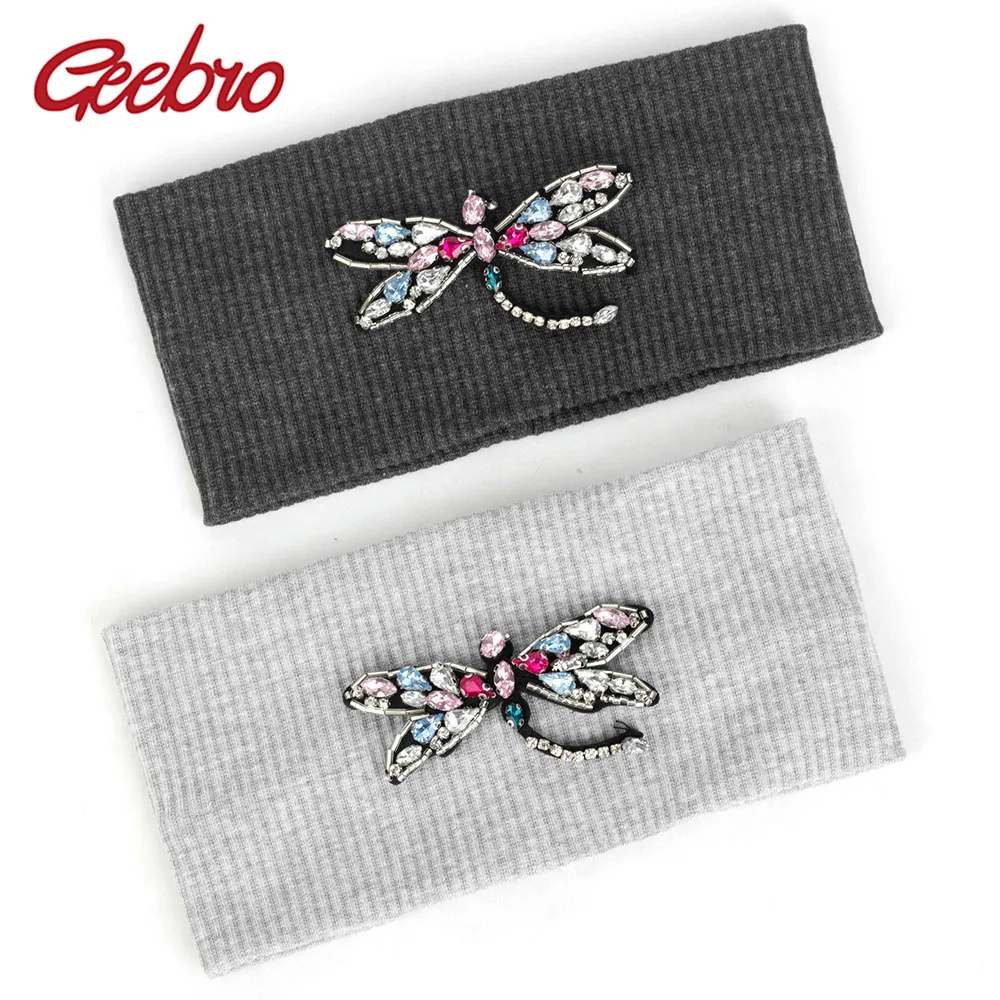 

Geebro Crystal Dragonfly Accessories For Girls Ribbed Flat Hairband For Women Female Cotton Stretchy Headband Turban Wraps AZ003