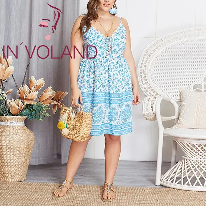IN'VOLAND Plus Size Women Dress Summer Casual Spaghetti Strap Sleeveless Floral Knee Length Front Cross Dresses Female Vestidos | Женская
