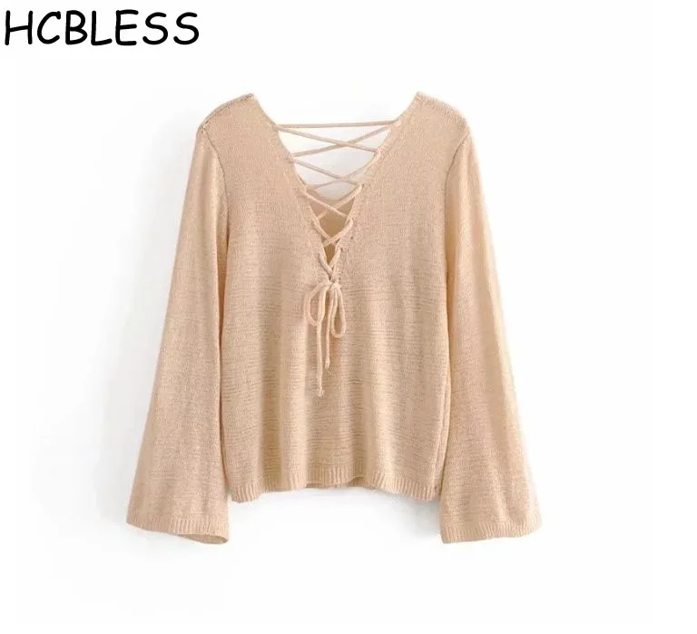 HCBLESS Women sweater 2018 Autumn New front and rear V-neck tie rope thin versatile casual top | Женская одежда