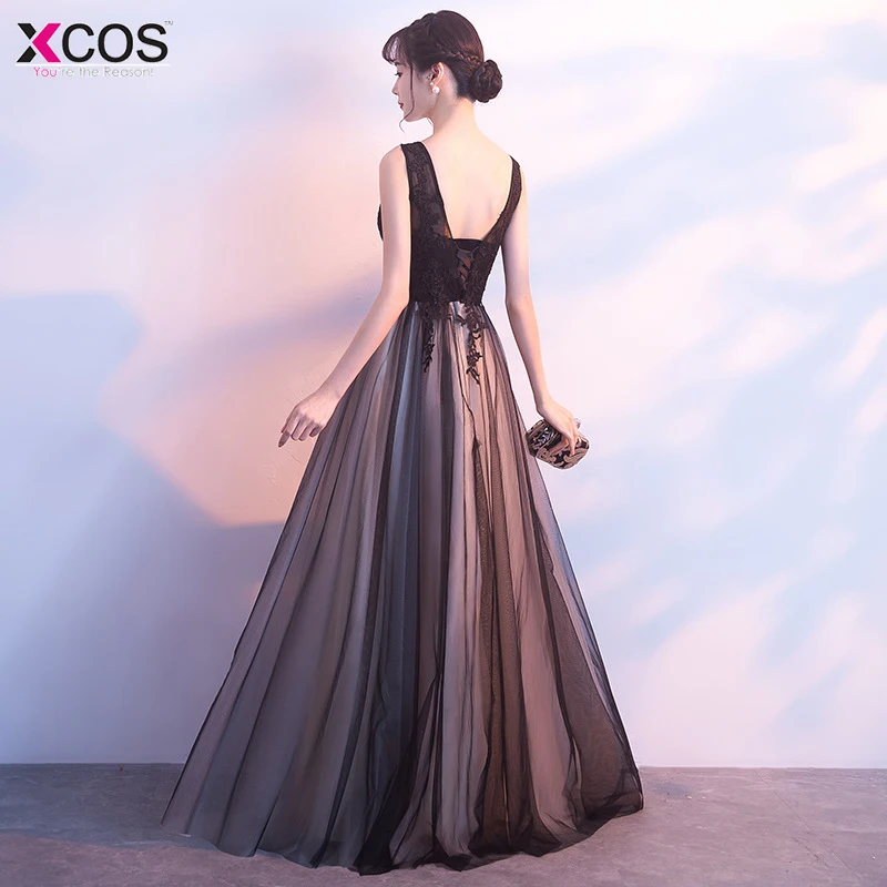 Элегантный черный длинное вечернее платье 2018 аппликации для банкета вечеринки