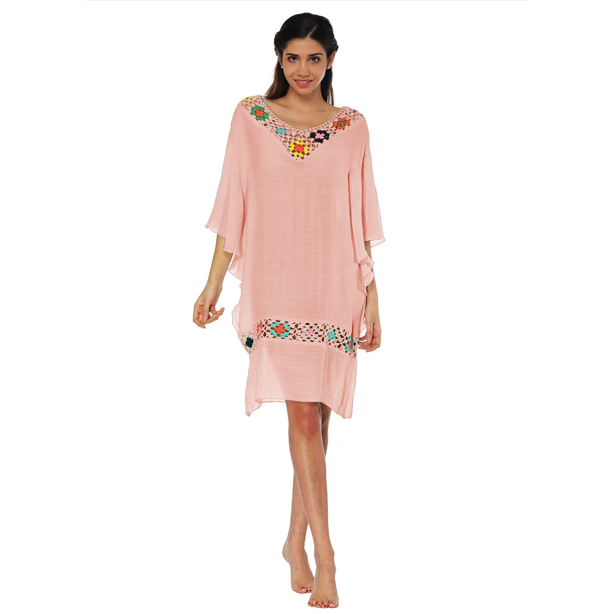 

Beach Cover up Rayon Embroidery bikini cover up kaftan Smock Saidas De Praia swim Skirt pareos para playa tunicas playa mujer