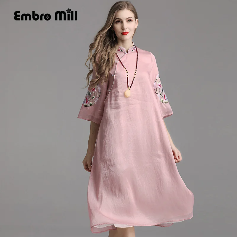 Embro Mill летнее женское хлопковое льняное платье в стиле ретро с вышивкой