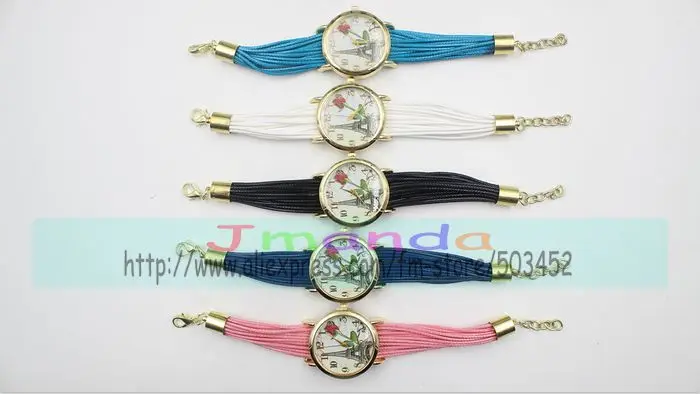 100 шт./лот часы с плетеным шнурком розовым цветком Эйфелевой башней женские