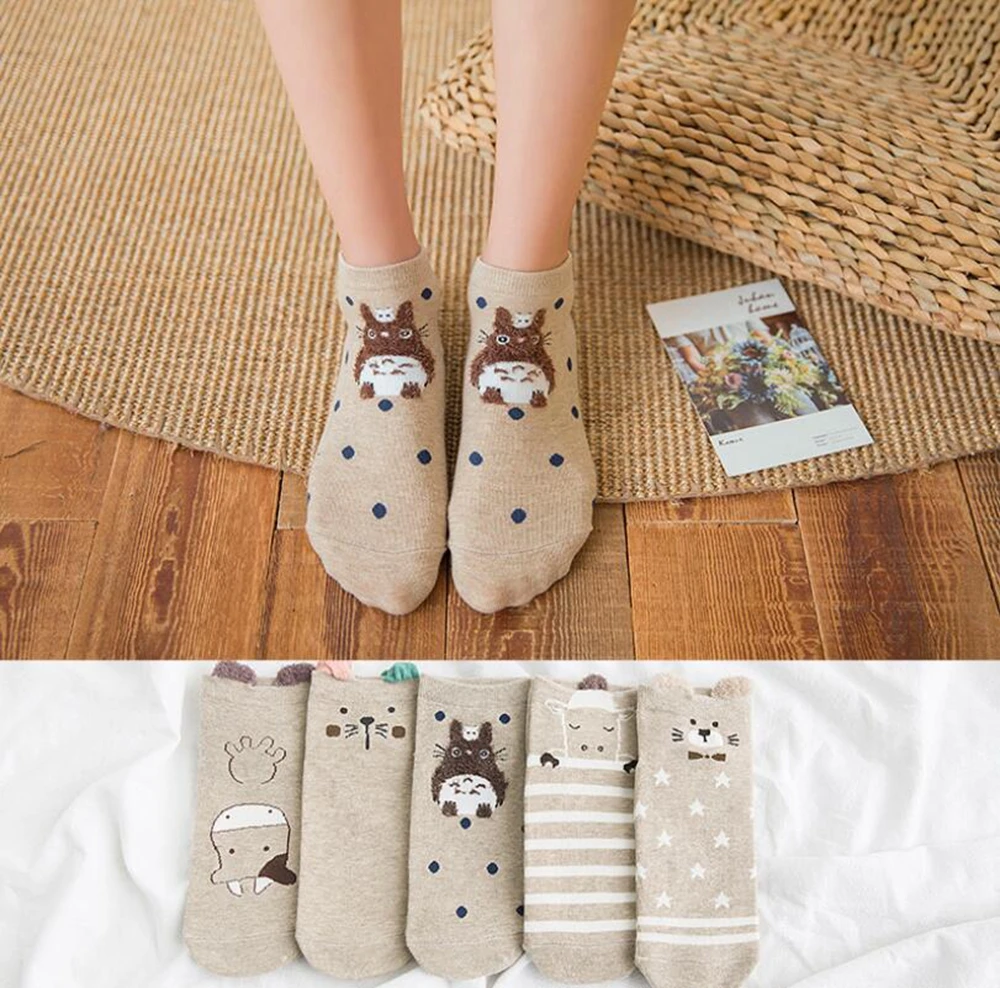 5pairs Women Cute Socks Harajuku Cartoon Cat Pattern Casual Cotton Happy Funny Female Ankle Socks Thin Summer Low Cut Style
