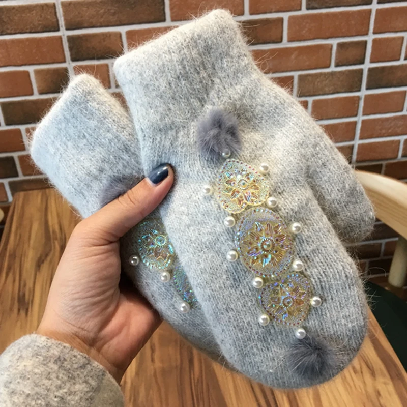 Модные женские зимние перчатки для девочек, однотонные стразы, меховые варежки с жемчугом, мягкие теплые двухслойные женские перчатки luvas