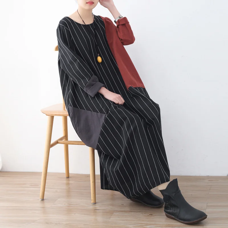 Johnature Women Large Size Long Dresses New 2020 Spring Casual Patchwork Striped O-Neck Loose Waist Sleeve | Женская одежда