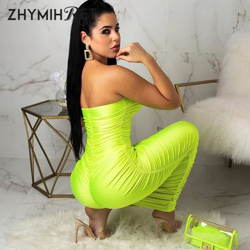 ZHYMIHRET неоновый зеленый трубки платье с рюшами и Для женщин Элегантное Длинное 2020