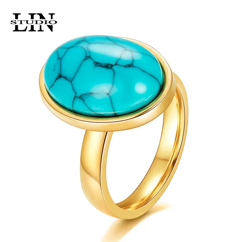 Lin Studio Винтаж ретро овальный камень золото из нержавеющей стали кольца женское