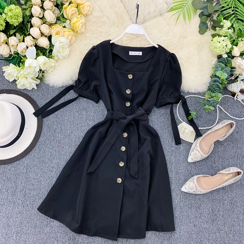 ALPHALMODA платье с квадратным воротником и короткими рукавами, французское Ретро однобортное платье с поясом и поясом, изящное летнее платье для девушек