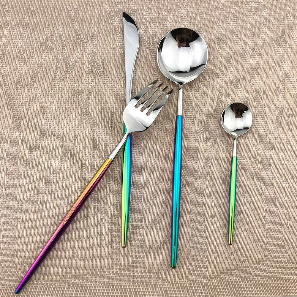Dazzle Colorful 18/10 Stainless Steel Dinnerware Luxury Korea Food Knife Scoop Fork Set Silver Rainbow Tableware Cutlery set | Дом и сад