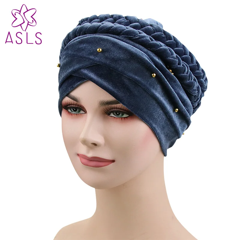 Женская бархатная бандана цветная хлопковая в мусульманском стиле с бусинами